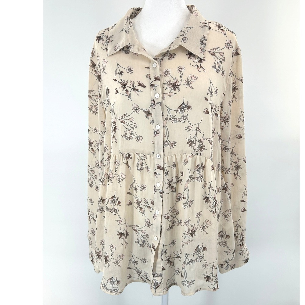 See And Be Seen Womens Cream Floral Long Sleeve Button Front Babydoll Top Size M - Picture 2 of 12